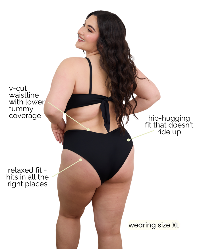 Back view of black Jennings V-Cut High-Waisted Bikini Bottom on a model showcasing high-waisted hip coverage and high-cut leg, wearing size XL
