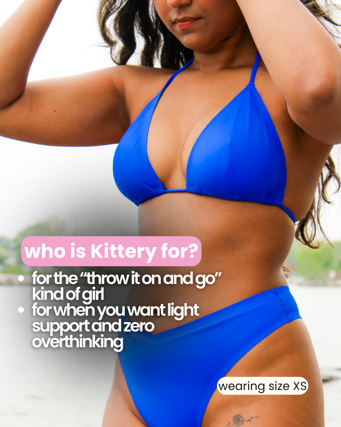 Woman wearing a blue bikini with informational text about the Kittery top.