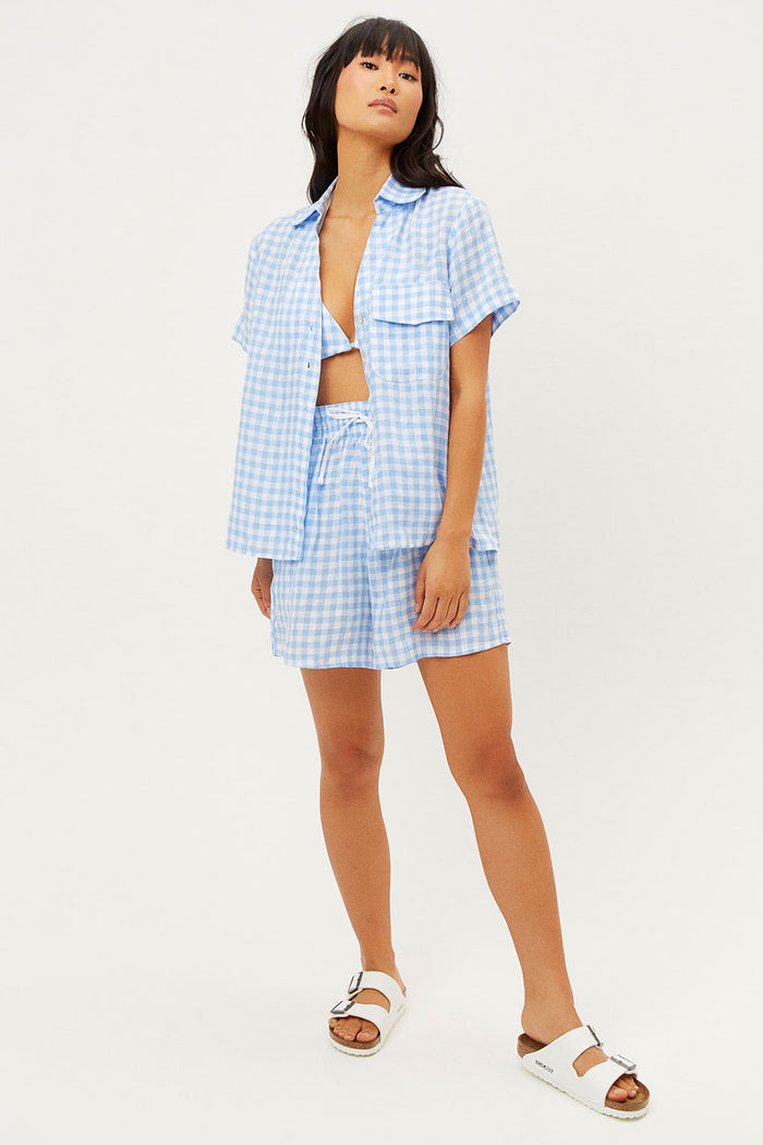 Lou Linen Bluebell Gingham Print Button Up Shirt