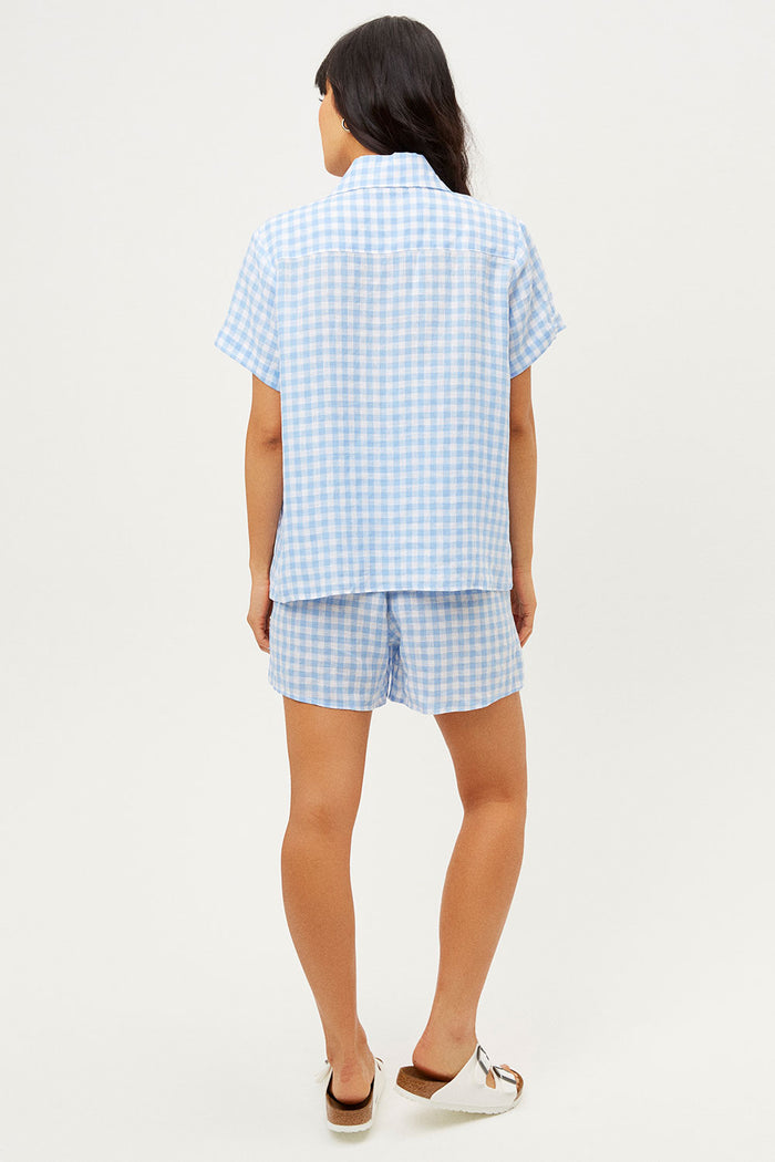 Lou Linen Bluebell Gingham Print Button Up Shirt
