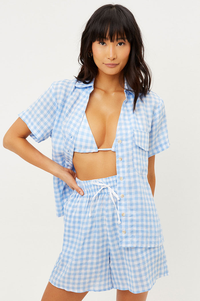 Lou Linen Bluebell Gingham Print High Waist Shorts