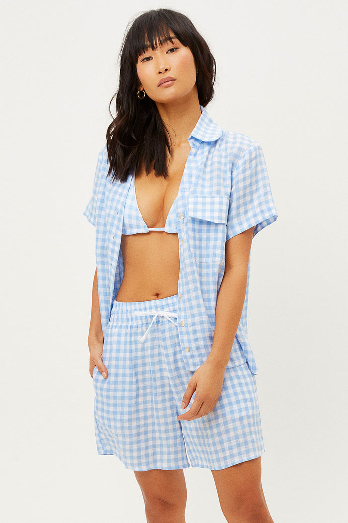 Lou Linen Bluebell Gingham Print High Waist Shorts