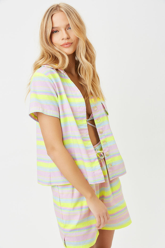 Lou Linen Summer Stripe Print Button Up Shirt