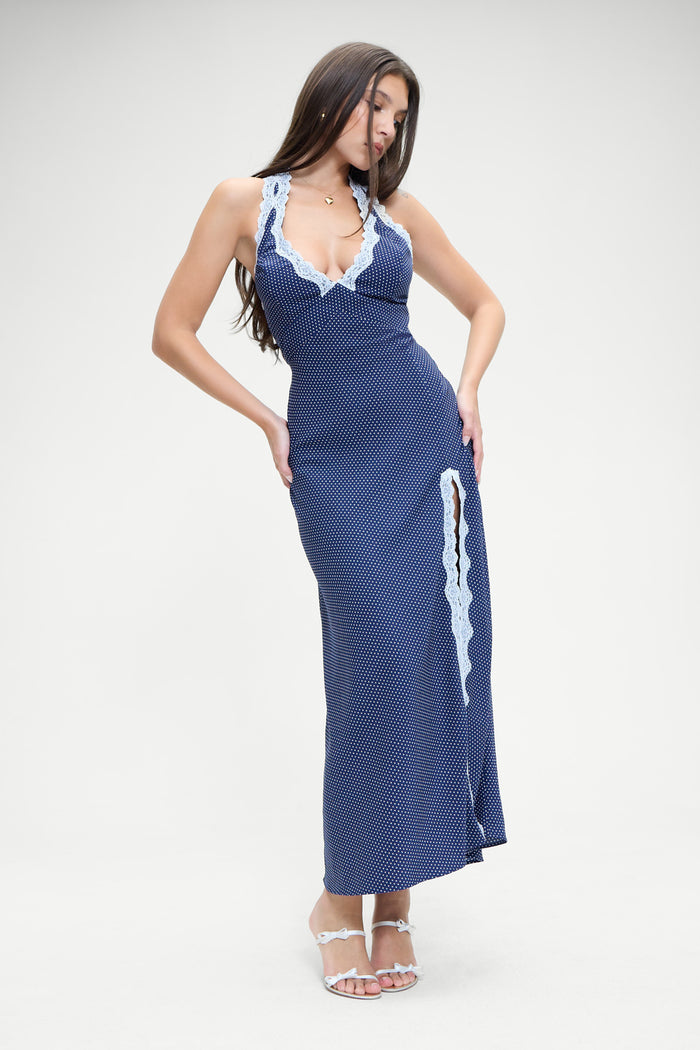 Madeleine Crepe Dress Navy Blue and White Dotty Print