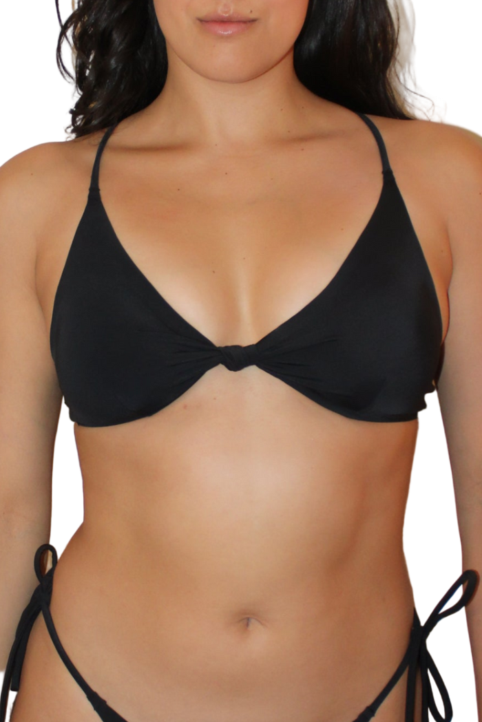 Front view of Melba Knot bikini top in black showing center knot, triangle cups, adjustable back on model | ahmeimae / S
