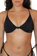 Front view of Melba Knot bikini top in black showing center knot, triangle cups, adjustable back on model | ahmeimae / S