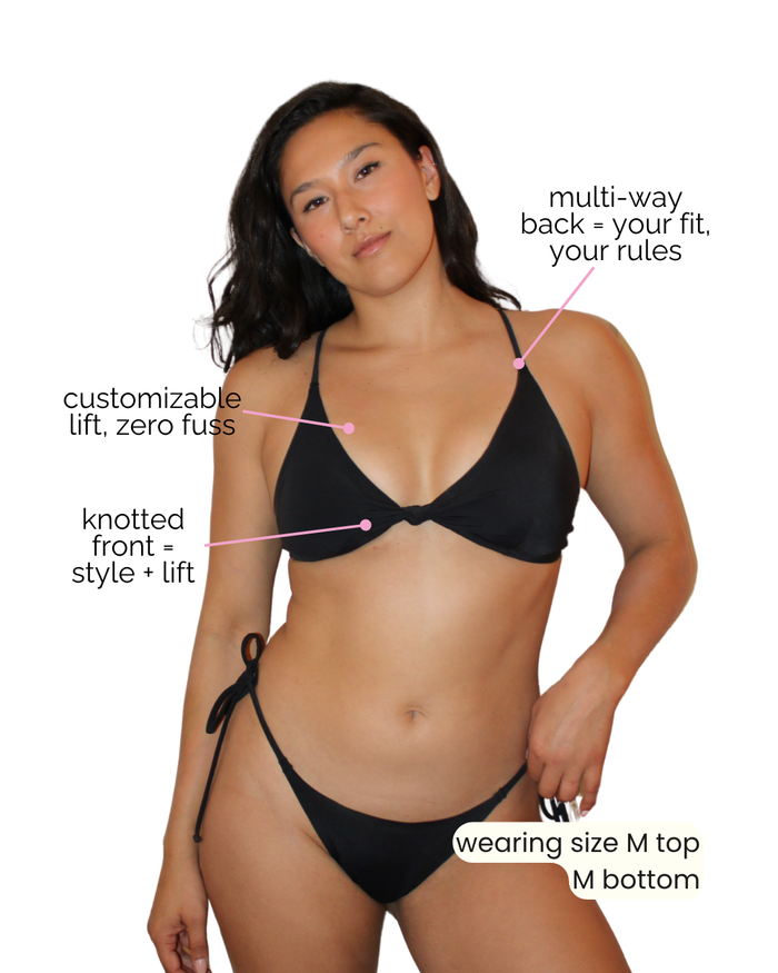 Woman wearing a black bikini with text highlighting features on a white background