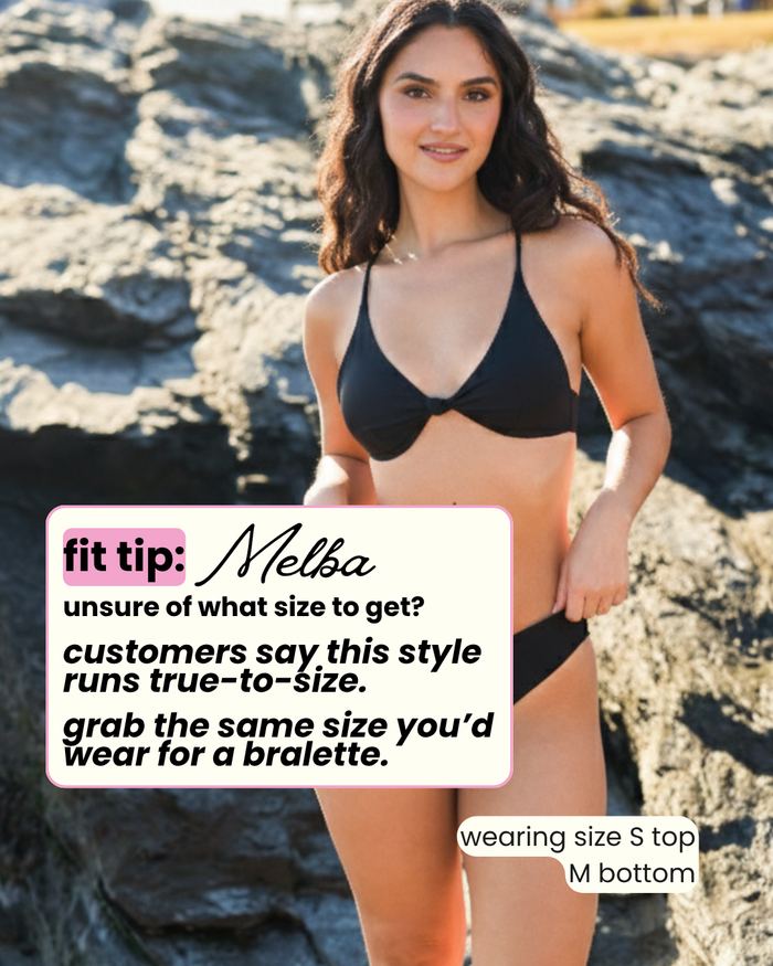 Woman in a black bikini standing on rocks with text overlay about fit advice.