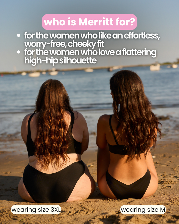 Who is Merritt for? Back view of black Merritt Dipped Cheeky Bikini Bottom on two models showing cheeky, high-hip fit