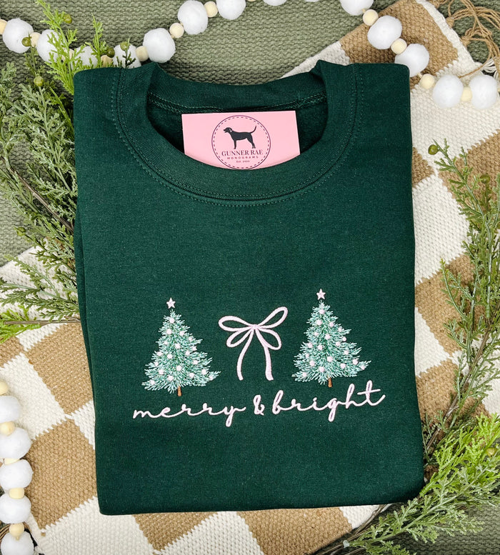 MERRY & BRIGHT BOW PINK Embroidered T-shirt or Sweatshirt
