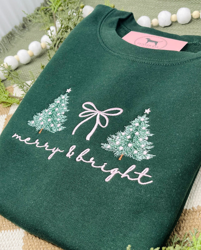 MERRY & BRIGHT BOW PINK Embroidered T-shirt or Sweatshirt