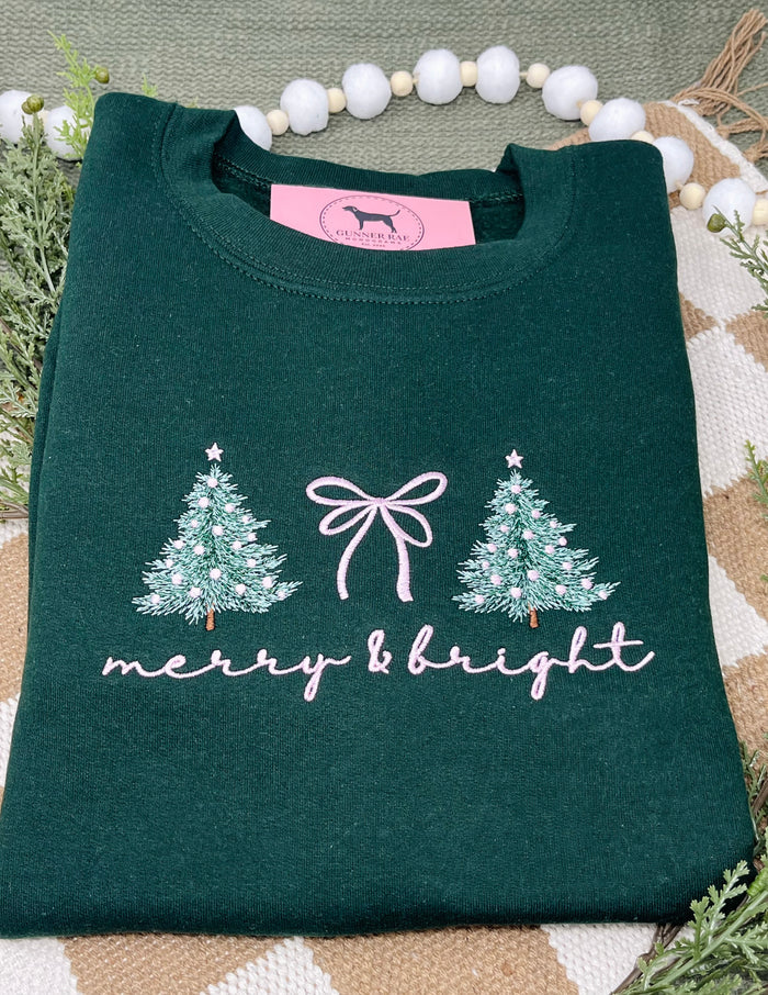 MERRY & BRIGHT BOW PINK Embroidered T-shirt or Sweatshirt