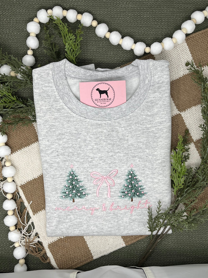 MERRY & BRIGHT BOW PINK Embroidered T-shirt or Sweatshirt