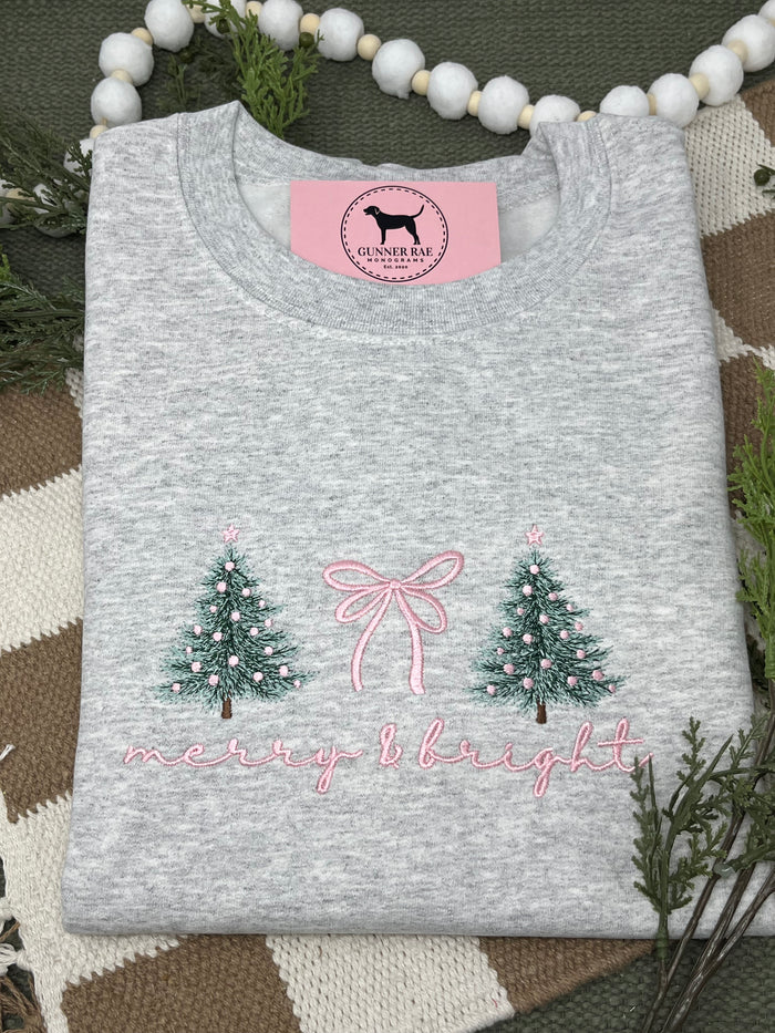 MERRY & BRIGHT BOW PINK Embroidered T-shirt or Sweatshirt