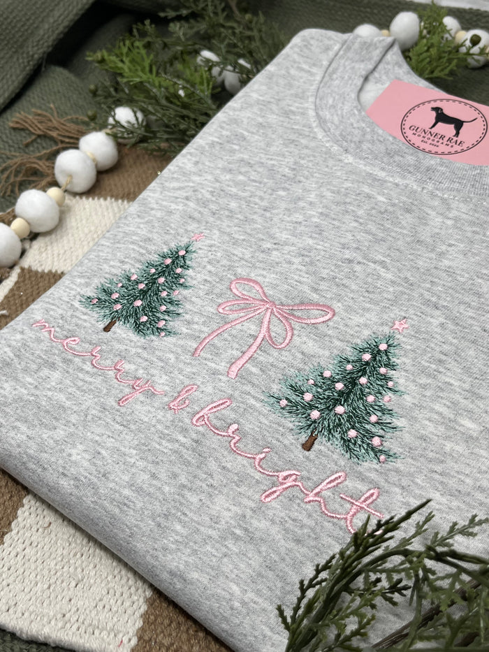 MERRY & BRIGHT BOW PINK Embroidered T-shirt or Sweatshirt