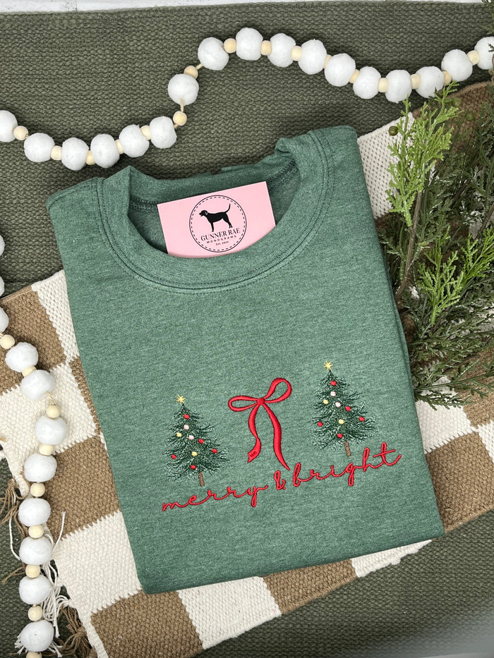 MERRY & BRIGHT BOW RED Embroidered T-shirt or Sweatshirt