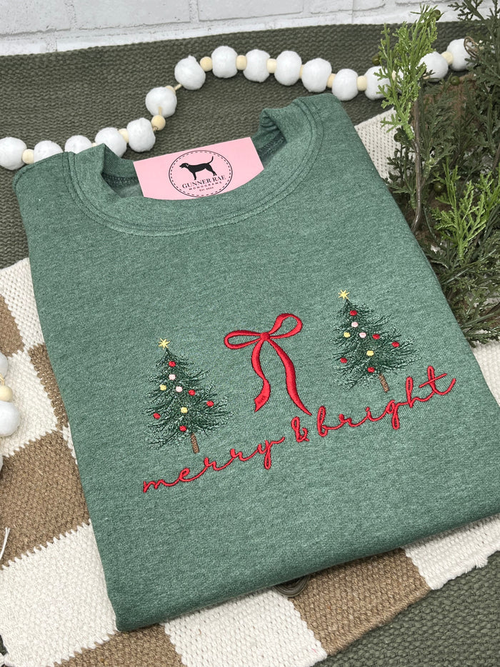 MERRY & BRIGHT BOW RED Embroidered T-shirt or Sweatshirt