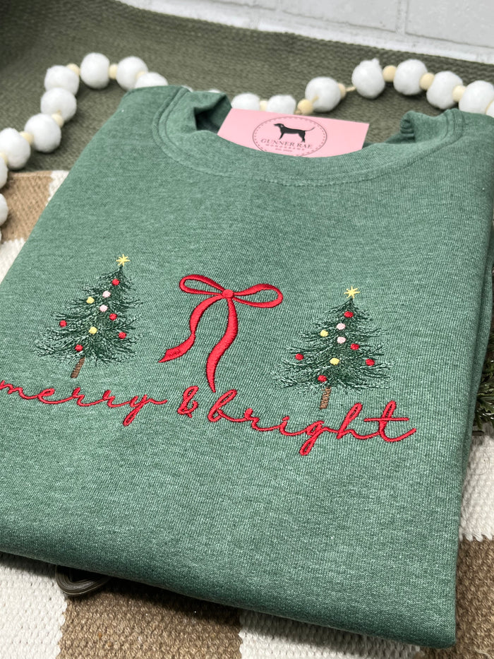 MERRY & BRIGHT BOW RED Embroidered T-shirt or Sweatshirt