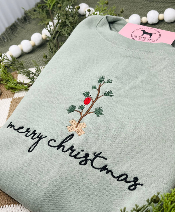 MERRY CHRISTMAS STICK TREE Embroidered T-shirt or Sweatshirt