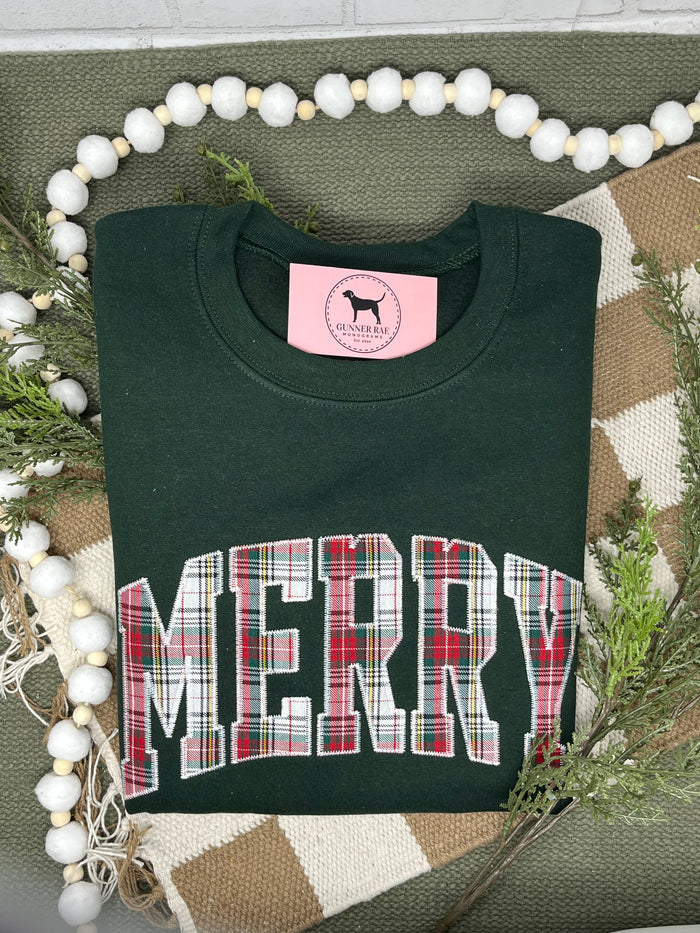 MERRY PLAID APPLIQUE Embroidered T-shirt or Sweatshirt