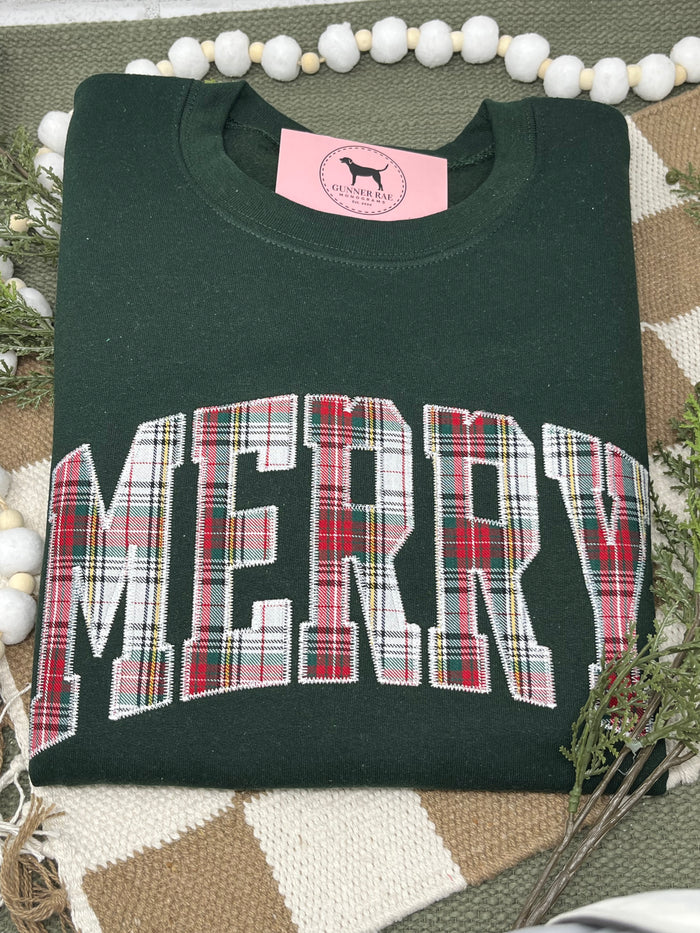 MERRY PLAID APPLIQUE Embroidered T-shirt or Sweatshirt