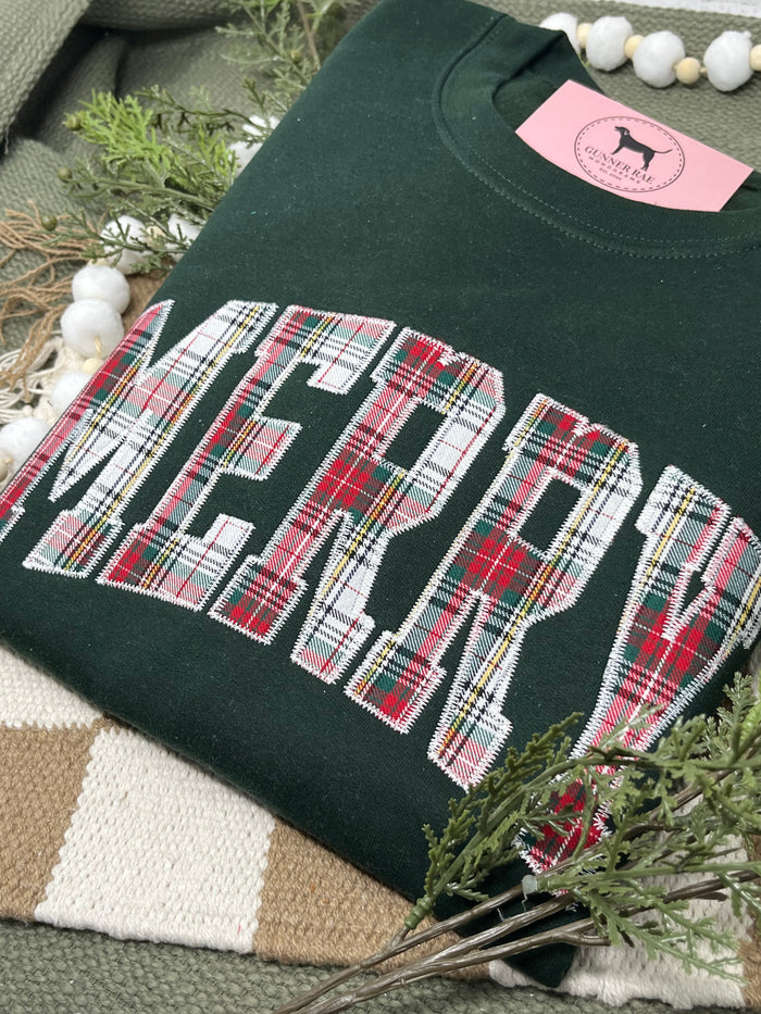 MERRY PLAID APPLIQUE Embroidered T-shirt or Sweatshirt