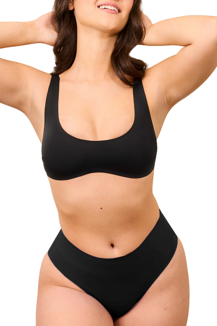 Front view of Mystic Scoop Neck Bikini Top in Abyss on model showing scoop neckline, wide straps, curved underbust, and raw-cut finish | alexhakim16 / S