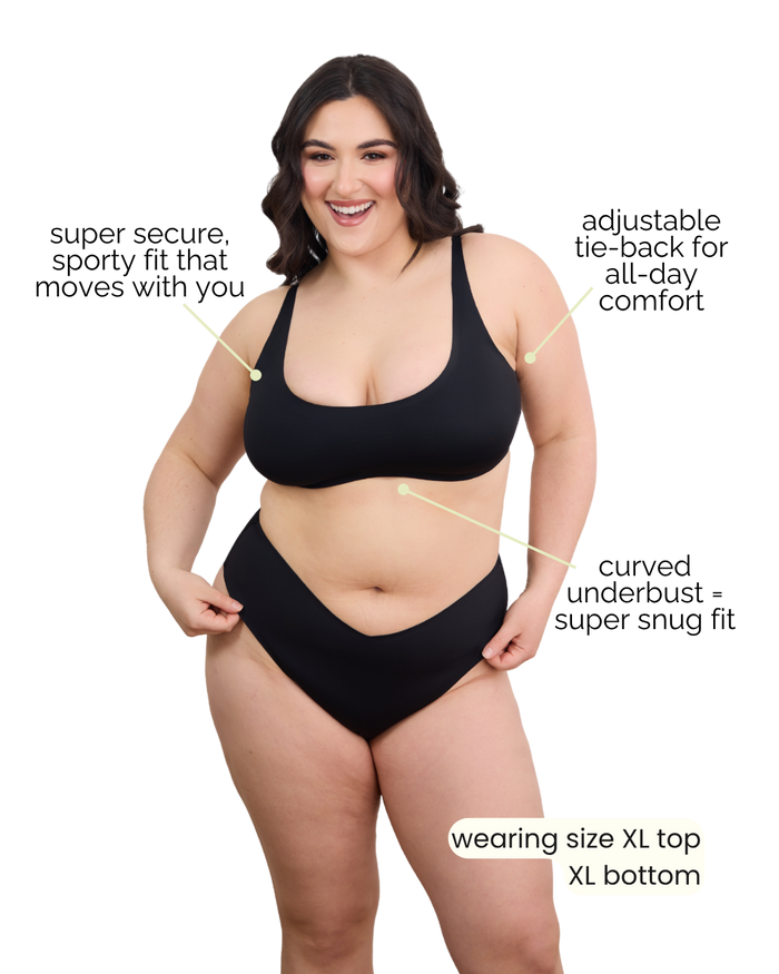 Front view of Mystic Scoop Neck Bikini Top showcasing scoop neckline and straps with model wearing size XL top and XL bottom