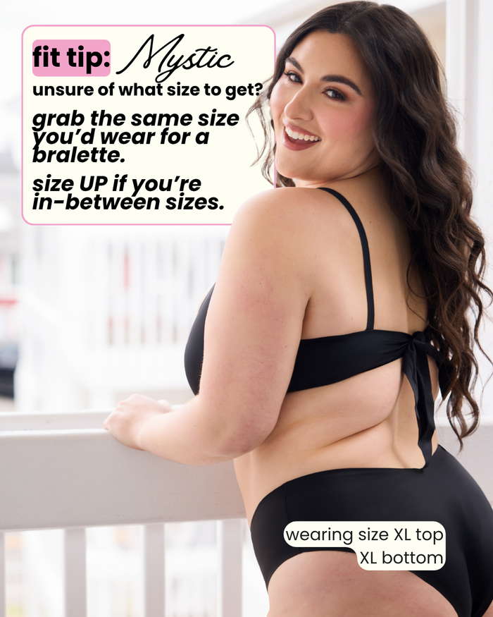 Mystic bikini top sizing advice: wear your usual bralette size or size up between sizes; model wears XL top and bottom