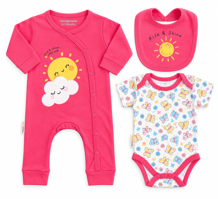 Newborn 3-Piece Bodysuit, Romper & Bib Set (0-6M)