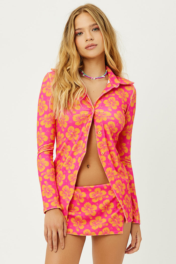 Nova Honey Hibiscus Terry Button Up Long Sleeve Top