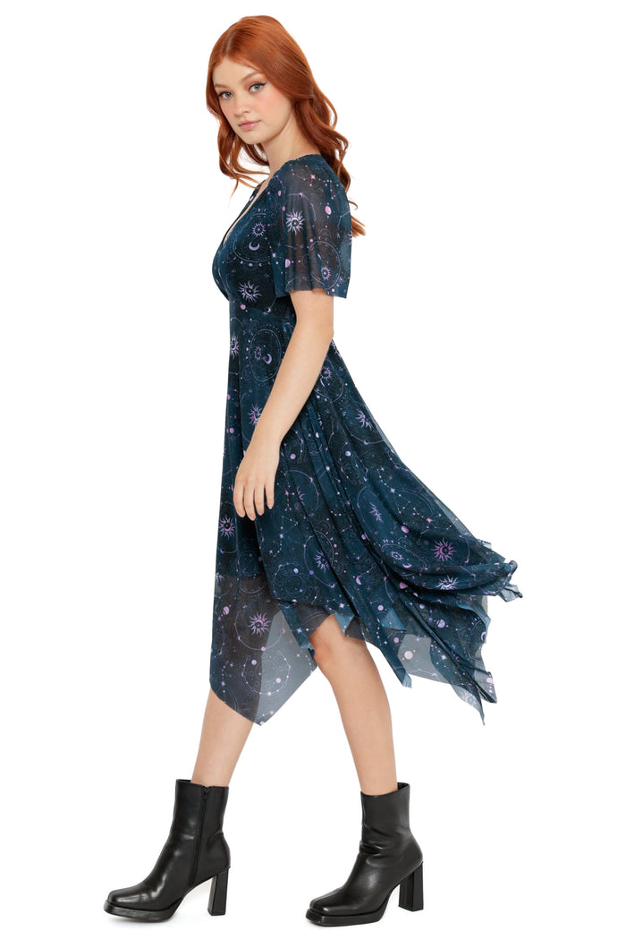 Celestial print midi dress with sheer fabric overlay, star maps and an uneven hemline