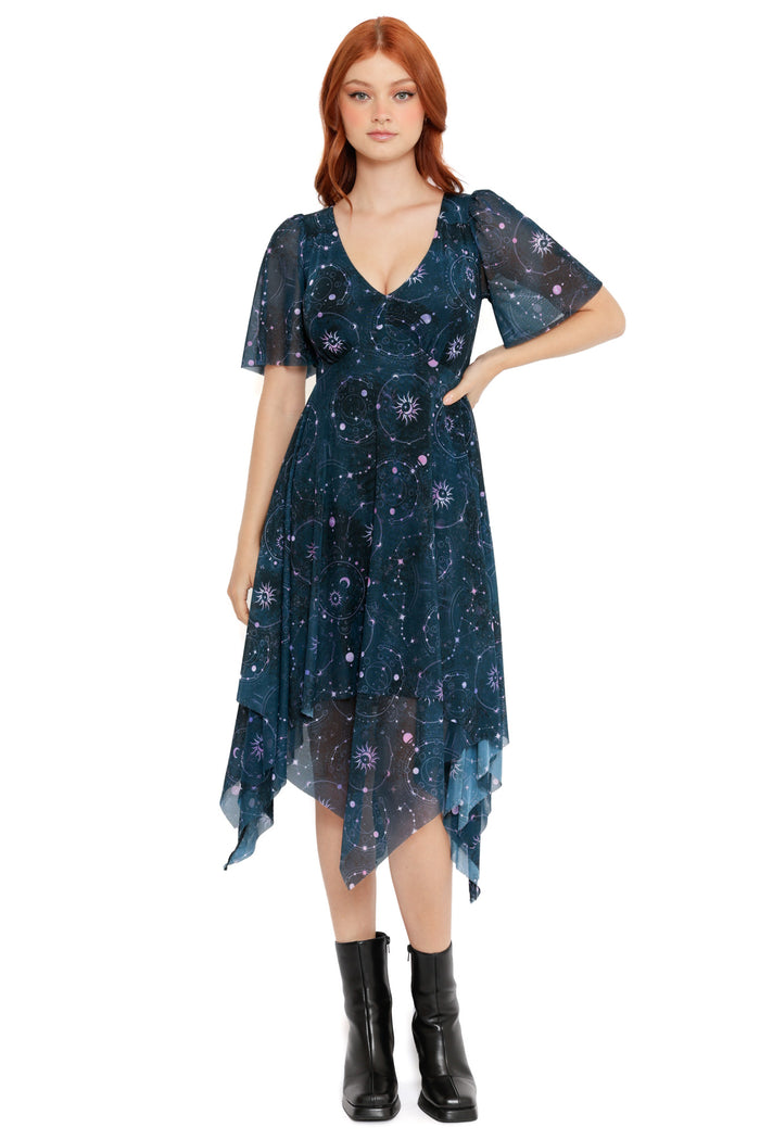 Cosmic-themed midi dress featuring sun and moon motifs, constellation details and a floaty sheer finish