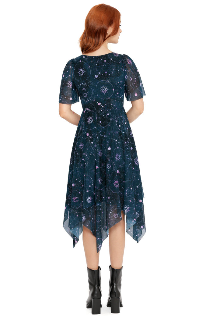 Statement celestial dress in dark teal with constellation artwork, star details and flowing handkerchief hem