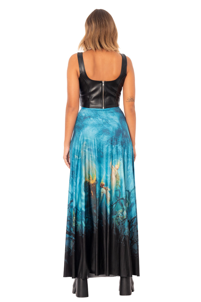 Front full image of Office Siren Maxi Skirt with dreamy fantasy artwork, high waist fit and dramatic floor length drape