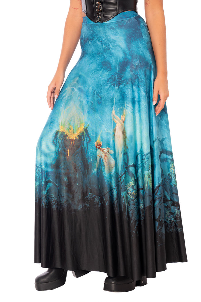 Blue printed maxi skirt with high waist, full flowing silhouette and fantasy inspired artwork in deep ocean tones