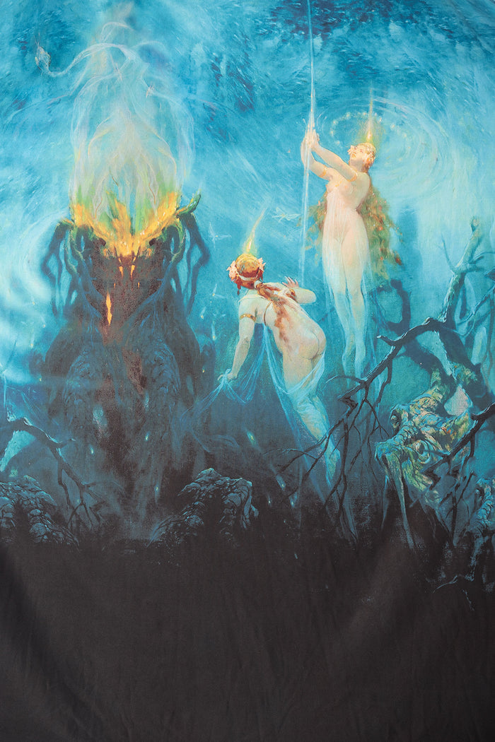 Office Siren Maxi Skirt front product image showing full length skirt, soft movement and detailed dark fantasy print