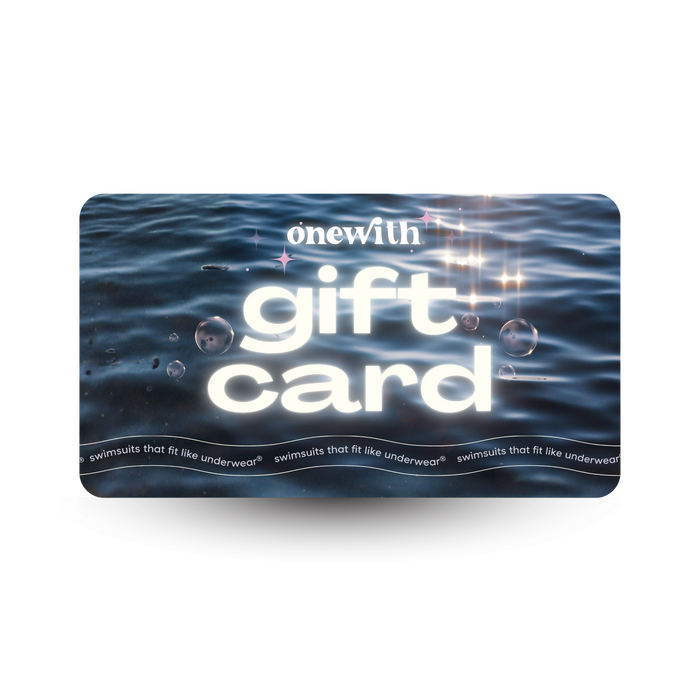 onewith GIFT CARD on an ocean-textured card; slogan at bottom: SWIMSUITS THAT FIT LIKE UNDERWEAR