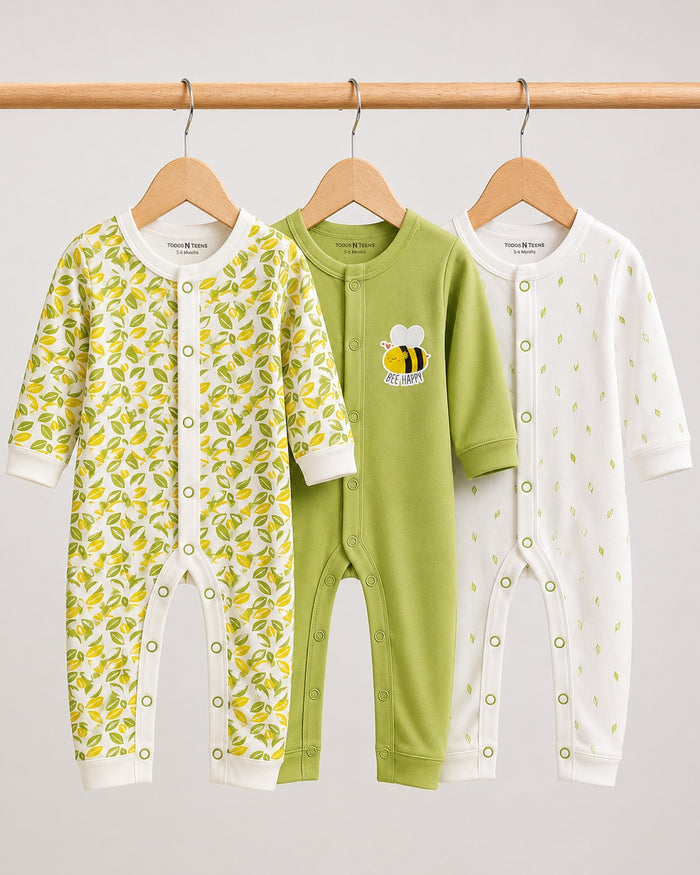 Pack of 3 All-Season Interlock Baby Sleepsuits (0–24 Months)