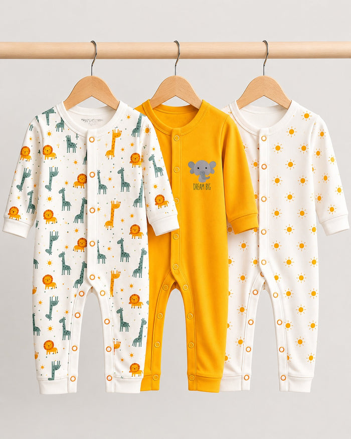Pack of 3 All-Season Interlock Baby Sleepsuits (0–24 Months)