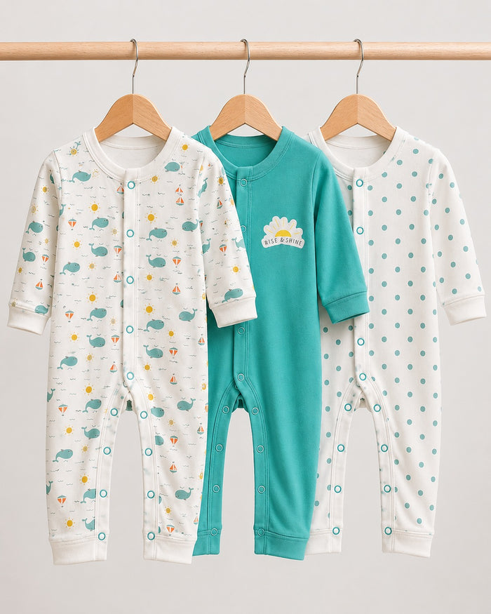 Pack of 3 All-Season Interlock Baby Sleepsuits (0–24 Months)