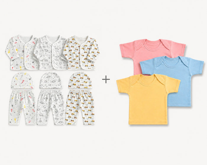 Combo Pack : Pack of 3 Jhabla + Pack of 3 Vest (Boy) / 0-3 months