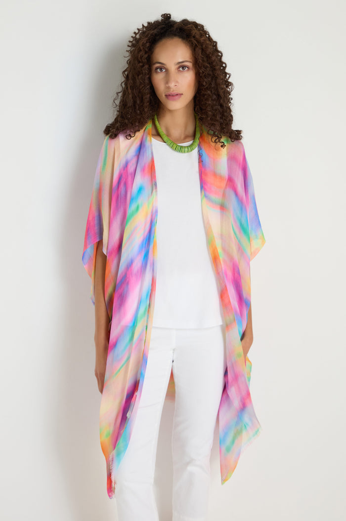 A person wearing the Painted Horizon Kimono stands against a plain white background.