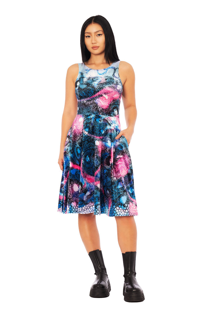 Junji Ito Black Paradox anime fashion dress in shiny velvet, flared midi cut with high-contrast pink and blue enamel-inspired artwork.