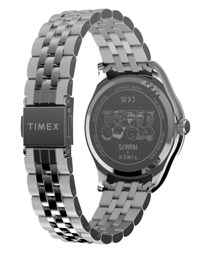 TW2Y85500 Peanuts® x Timex Legacy Snoopy Umbrella Stainless Steel Bracelet Watch   Caseback with Attachment Image