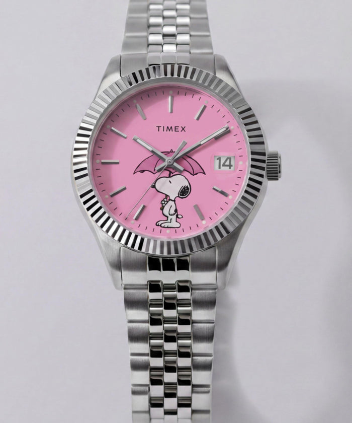 TW2Y85500 Peanuts® x Timex Legacy Snoopy Umbrella Stainless Steel Bracelet Watch   Campaign Key Silhouettes (Beauty shots) Image