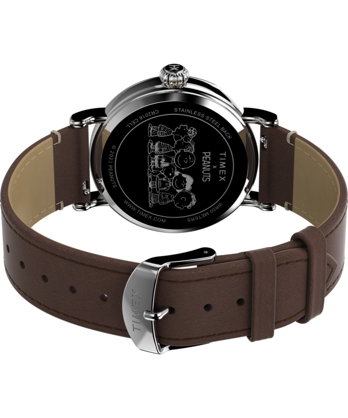 TW2V61200 Peanuts® x Timex Standard Featuring Snoopy at the Beach 40mm Leather Strap Watch Caseback with Attachment Image