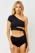 Puck Black One Shoulder Side Tie Top