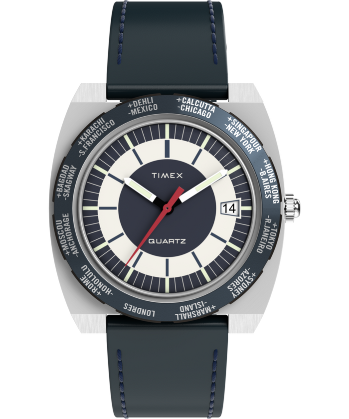 TW2Y31400 Q Timex® 1972 World Time 39mm Leather Strap Watch Primary Image