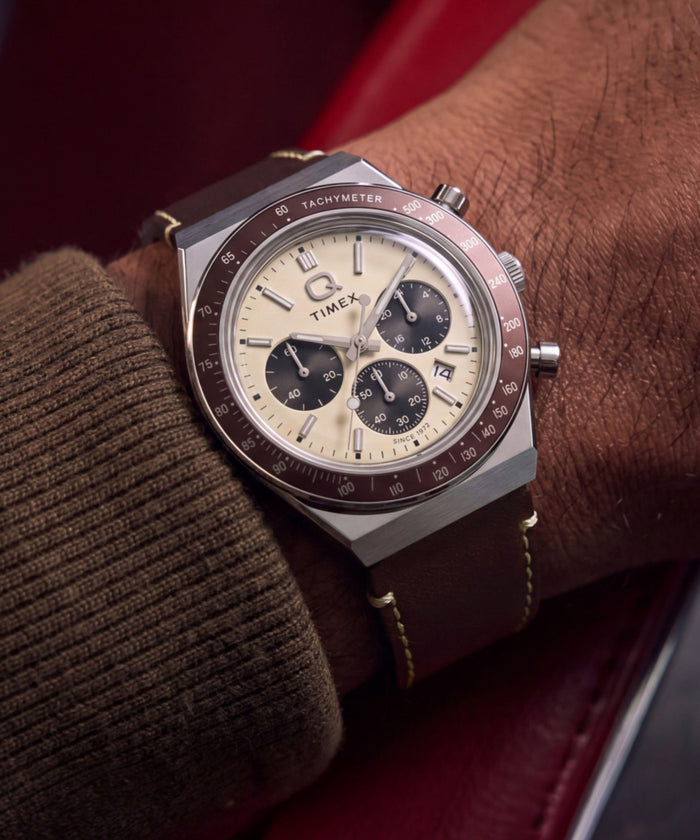 TW2Y88700 Q Timex Chronograph 40mm Leather Strap Watch Primary Wrist Image